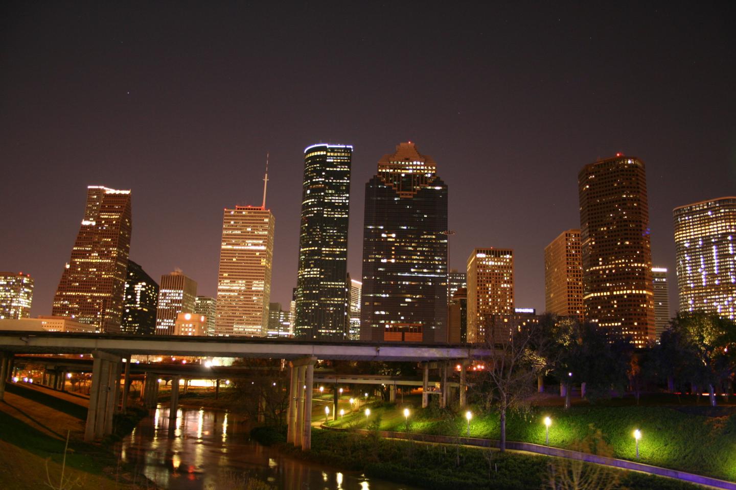 Downtown Houston skyline illuminated at night